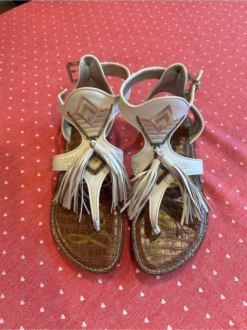 Sam Edelman White Tassel Thong Sandals with Embroidered Detail